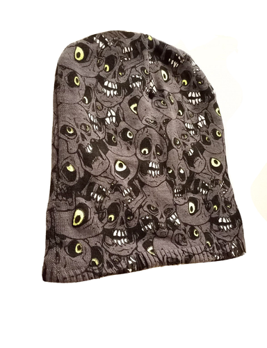 BONNET EN ACRYLIQUE COLORIS GRIS ET JAUNE FLUO IMPRIMÉ CRÂNES SKULLS MONSTERS - Picture 3 of 4