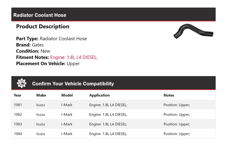 Manguera de refrigerante de radiador diésel Isuzu I-Mark 1981-1984 1,8 L L4 puertas superiores 1982 Foto 2 de 4