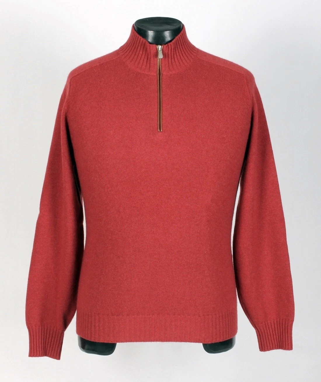 Brunello Cucinelli — Brunello Cucinelli 100% Cashmere / Leather 1/2 Zip Sweater - Red M $2250 Retail