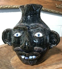 Albert Hodge Southern Folk Art Pottery NC 9" Face Jug Pitcher w/ Blue Drips