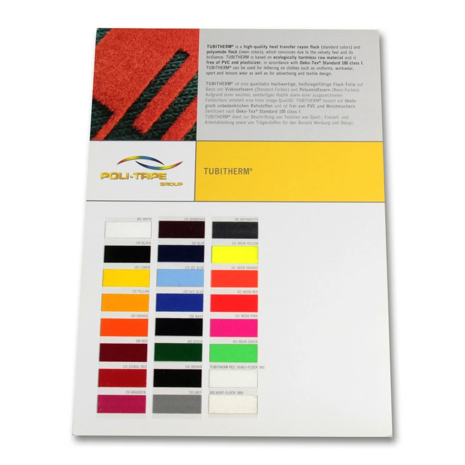 POLI TAPE TUBITHERM Farbkarte POLI TAPE FlockFolie Tubitherm PLT Poli Flock Folie Farbfächer Muster
