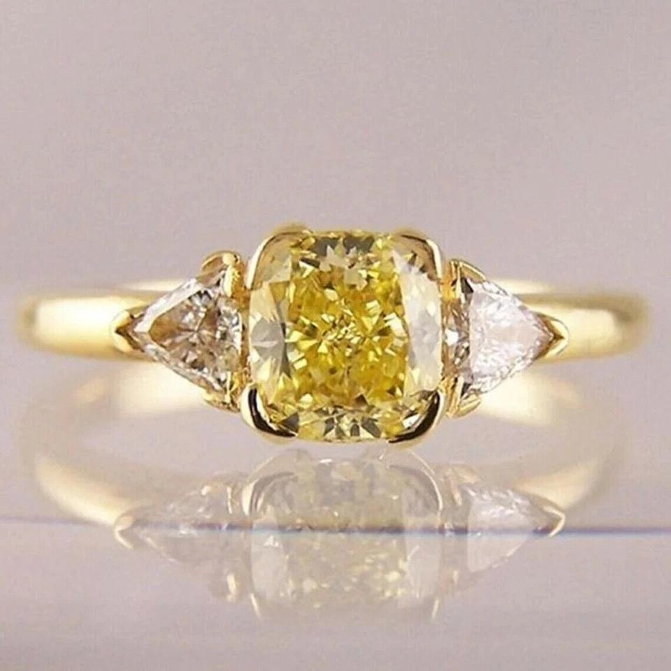 1.80Ct Cushion Canary Diamond Three Stone Engagement Ring 14K Yellow Gold Finish - Image 2 of 4