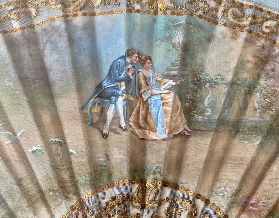 Varas antigas francesas pintadas à mão ventilador de seda do século XIX assinadas WW883 - Imagem 3 de 4