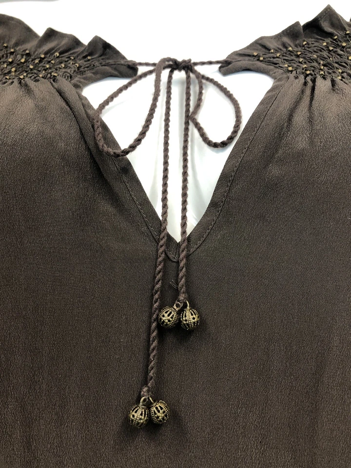 Женские Joie большой коричневый 100% шелк с плеча золото бисером туника рубашка платье - Изображение 4 из 4