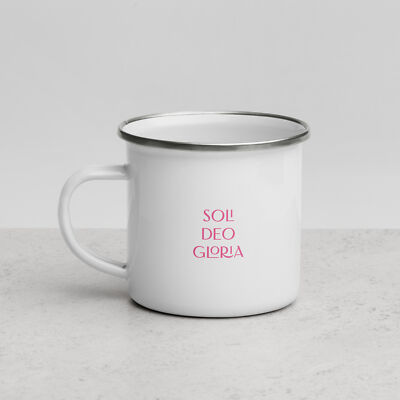 Soli Deo gloria - White + Pink / Enamel Coffee Mug Cup Faith NEW