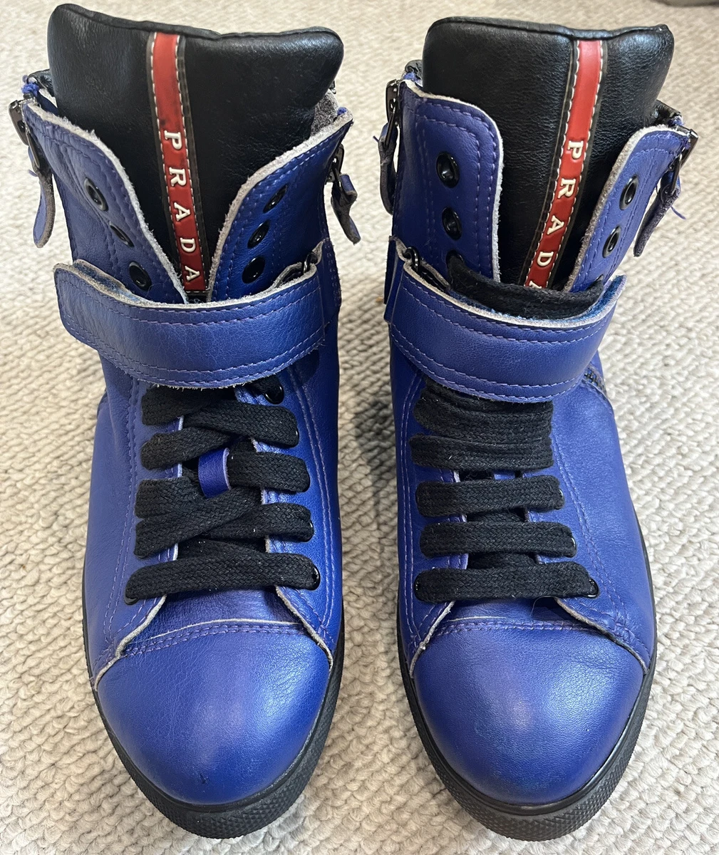 PRADA Cobalt Hi Top Sneaker Shoe Lace Up Cut Zipper Leather Bootie Boot Vintage