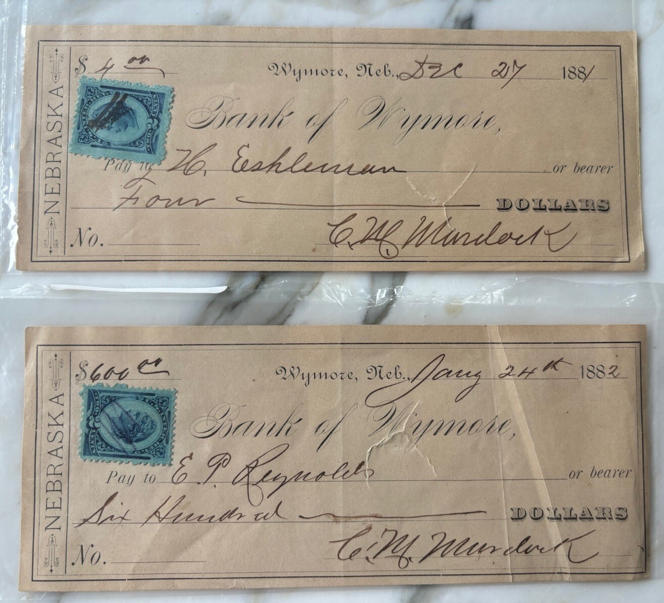 1881 & 1882 Bank Of Wymore Nebraska Cancelled Check 63/4” X 23/4” eBay