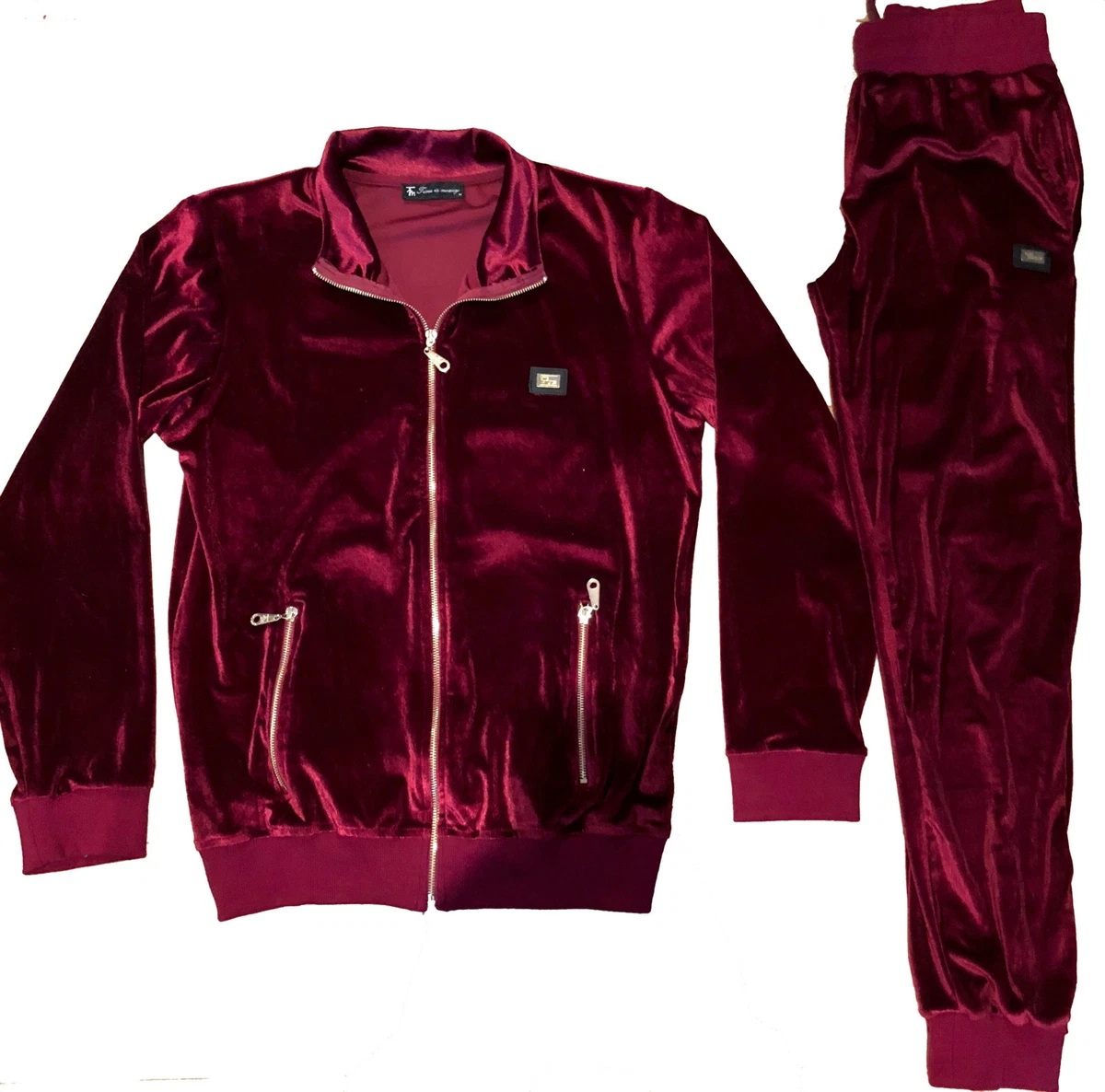 Mens velour tracksuit, designer Time is Money hip hop streetwear burgundy  slim