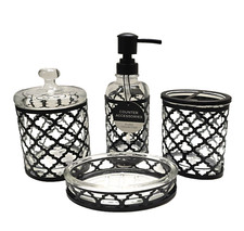 4 PC SET GLASS & BLACK METAL FRAME EXTERIOR SOAP DISPENSER,JAR,DISH,TOOTHBRUSH H