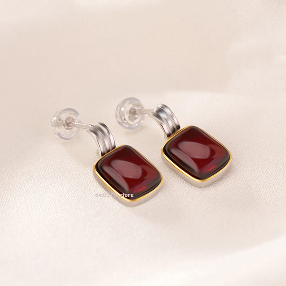 Pendientes enchapados en oro real de plata de ley 925 cera de abejas natural ámbar carmesí Foto 3 de 4