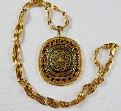 Vintage Damascene & Rhinestone Pendant Gold Plated Chain Pretty Unique Retro