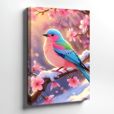 Wall Art Colorful Bird on Snowy Cherry Blossom Branch Pink Blue Spring Decor