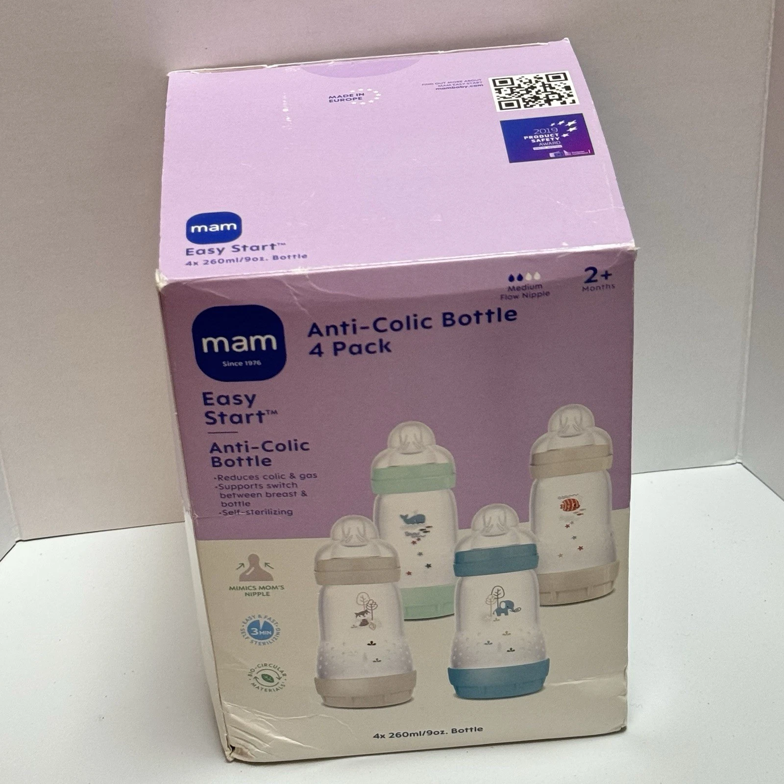 Mam Easy Start Anti-Colic Bottles 4-Pack 9 oz Medium Flow NEW IN OPEN BOX