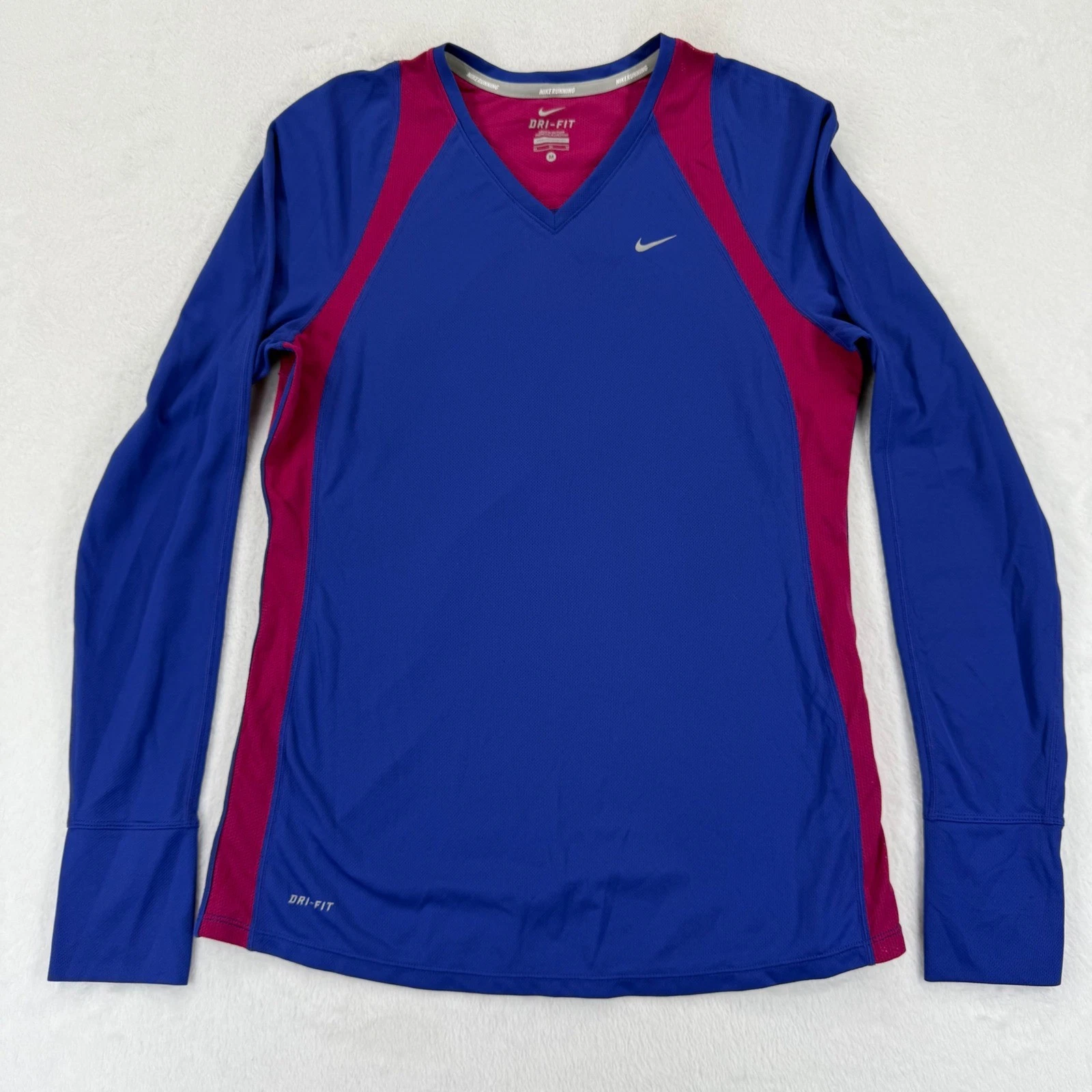 Nike Running Dri-Fit V Neck Long Sleeve Top Womens Medium Blue Pink Athletic