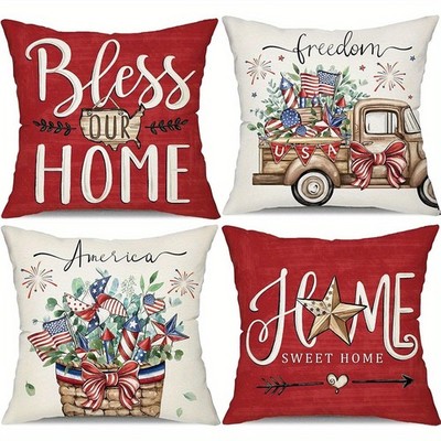 4p Patriotic Throw Pillow Covers Bless Our Home 4th of July USA Home Decor Gift