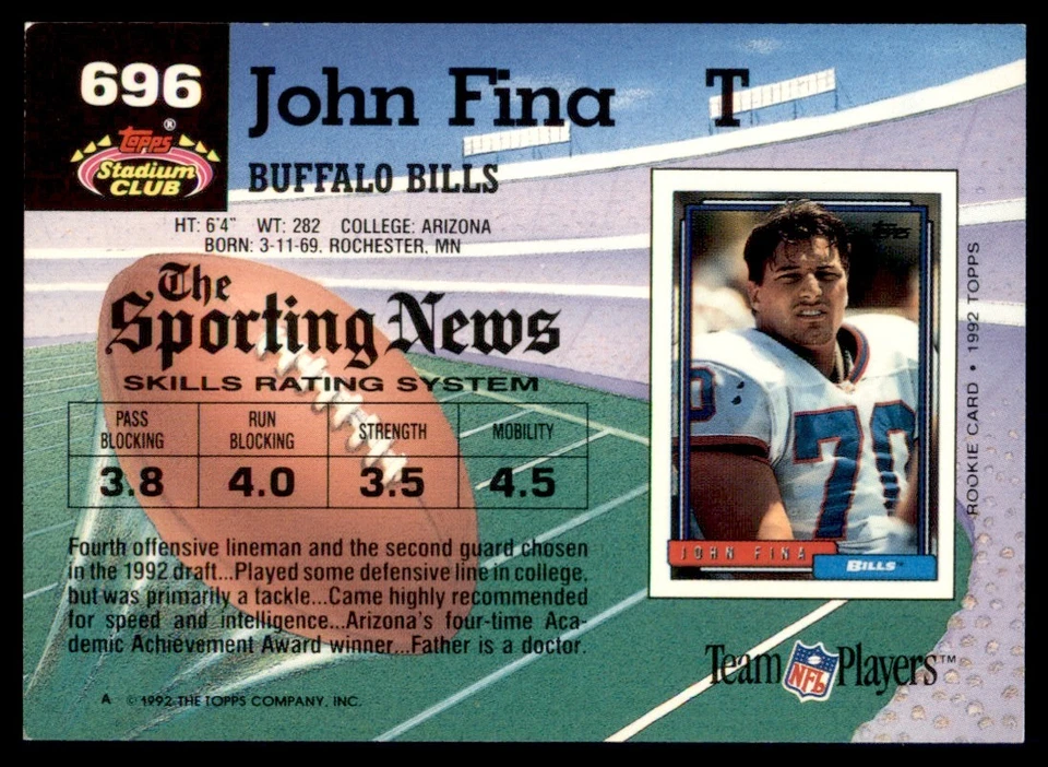 1992 Stadium Club John Fina RC Buffalo Bills #696 - Image 2 of 2