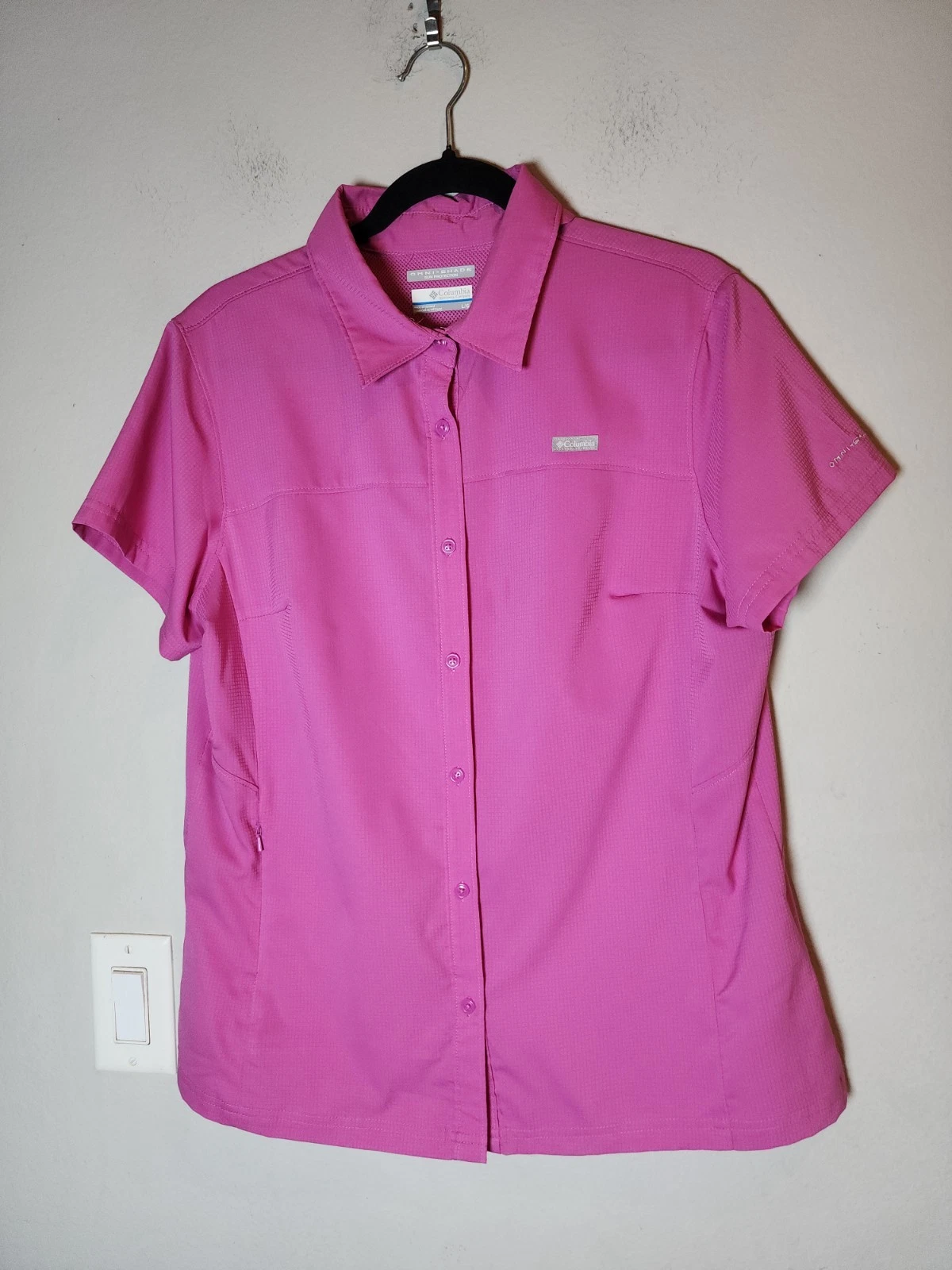 Columbia Omni-Shade Sun Protection Pink Short Sleeve Button Shirt Pocket Size L