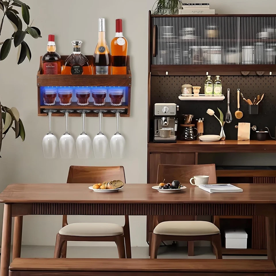 Paquete de 2 estantes de vino de madera montados en la pared con luz LED y soporte de vidrio Foto 2 de 4