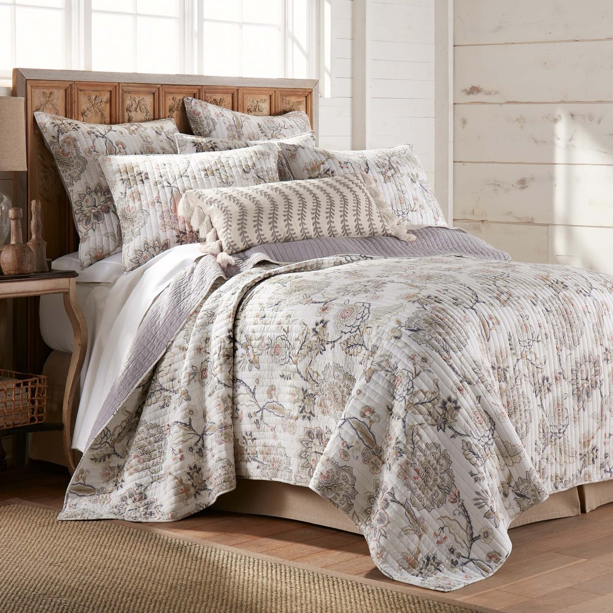 Levtex Mockingbird King Cotton Quilt Set - Grey Floral Toile With Birds & Butterflies, 2-Piece (Quilt + 2 Shams)