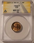 1909 VDB Lincoln Wheat Cent MS63 RB ANACS