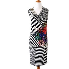 Desigual Sara Knitted Sleeveless Cowl-Neck Dress Black White Stripes Floral S