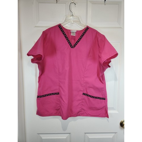 Women's sz XL Scrubstar  Pink Breast Cancer Ribbon Trim Short Sleeved Scrub Top