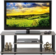 3-Tier Entertainment TV Stand up to 50″ TV, round Tubes, French Oak Grey/Black