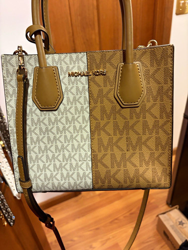 Michael Kors Monogram Two-Tone Small Satchel Zip Top Gold Hardware Charm