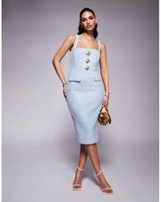 $430 Lavish Alice Boucle Tweed Light Blue Dress Size 4 Gold Shell Buttons