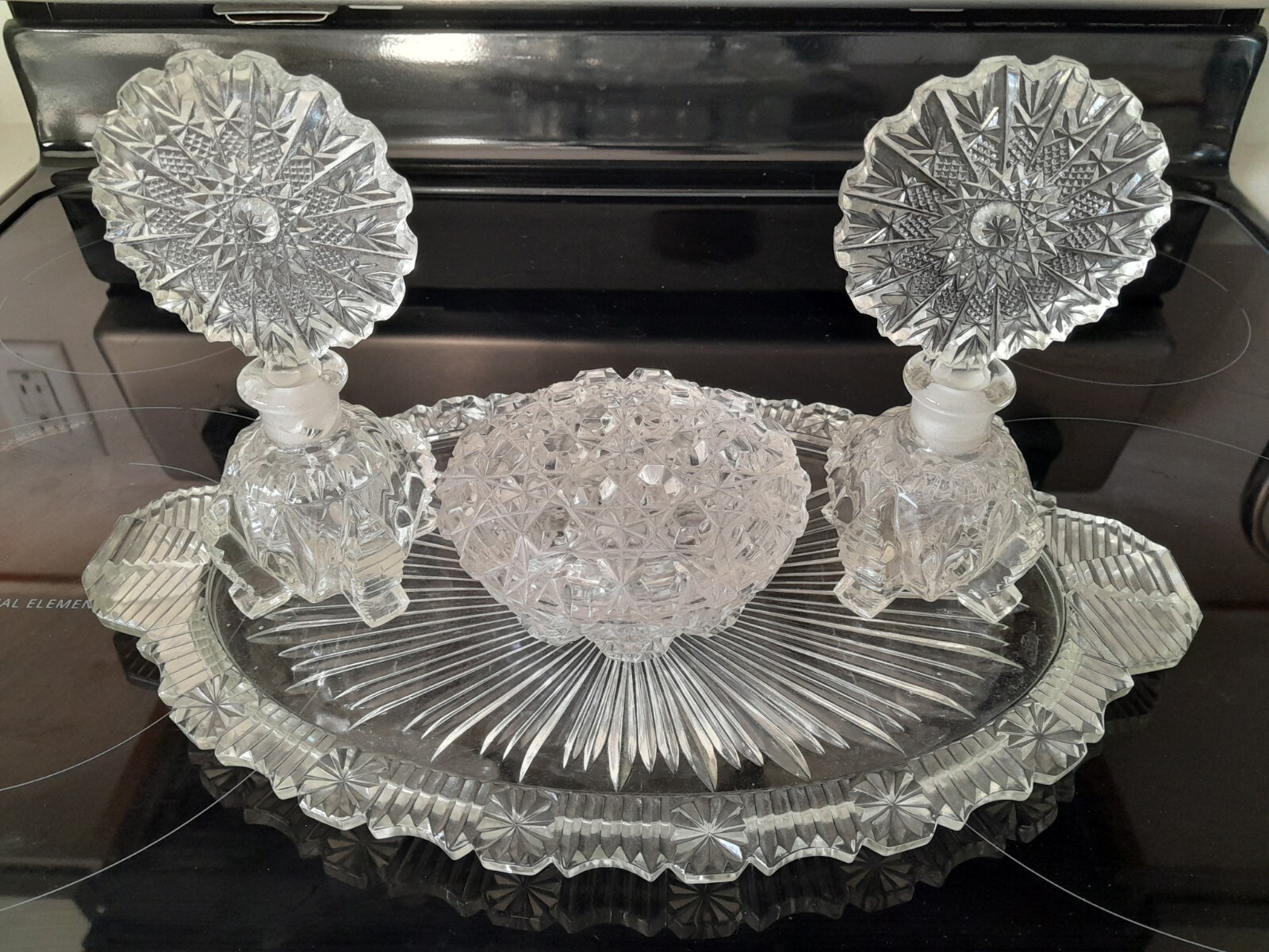 Vintage 1930 Art Deco Irice Cut Glass Vanity Set Perfume Bottles Tray Powder Jar