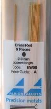 ALBION ALLOYS BW08 BRASS ROD (9 ) 0.8mm x 305mm