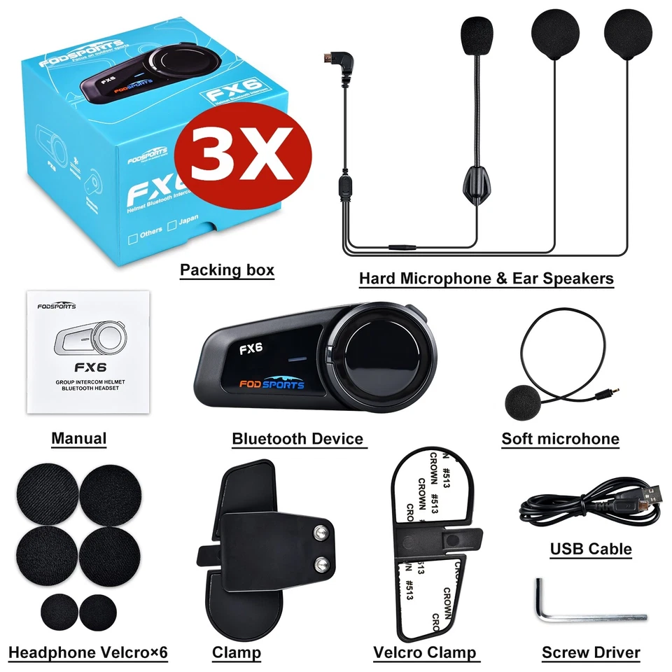 3X Intercom Motorcycle Bluetooth Headset FX6 Helmet Intercom 6 Rider 1000M FM - Image 2 of 4