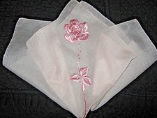 True Vtg SATIN STITCH floral PINK EMBROIDERED WEDDING HANKY 14X14 SHEER