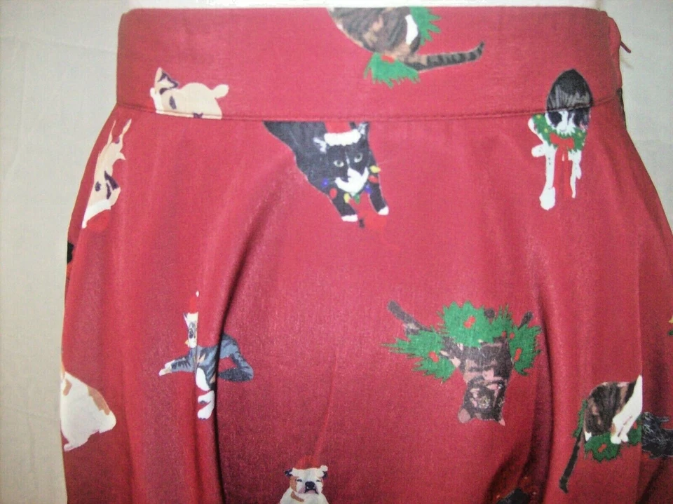 Modcloth Christmas Skirt Sizes S, M, L, 2X Novelty Dog Cat Satin Flare (B201) - Image 3 of 4