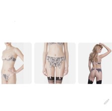 Dita Von Teese 3 Piece set pale pink w/ black 36B,14L garter/suspender,12M thong