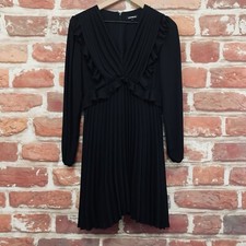 Express Dress Womens Small Plain Black Pleated Ruffle Casual Work Office Zip Up