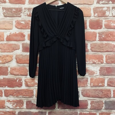Express Dress Womens Small Plain Black Pleated Ruffle Casual Work Office  Zip Up