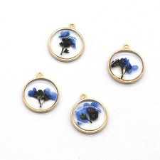 4PCS Gold Tone Real Dry Pressed Flower Resin Round Charm Pendant Supply GBY118