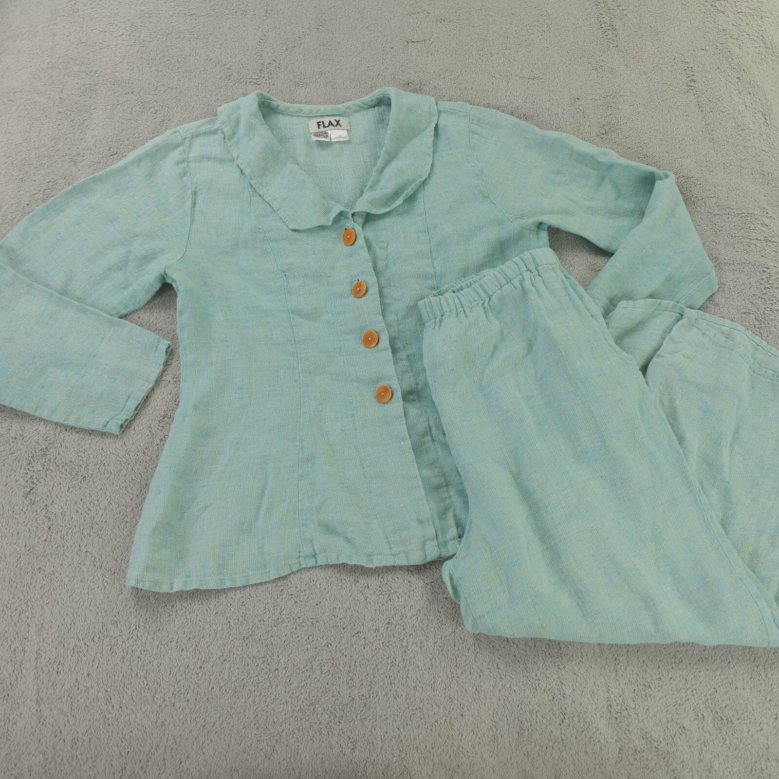 FLAX Linen Set Womens Medium Turquoise Blue Yellow Textured Check