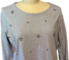 Talbots NEW Cotton T-Shirt Woman X L Gray Beaded Crystals Holiday Celebration