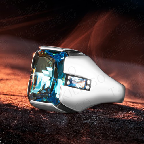Anillo rectangular de plata de ley 925 maciza genuina con piedras preciosas de aguamarina para hombre - Imagen 2 de 4
