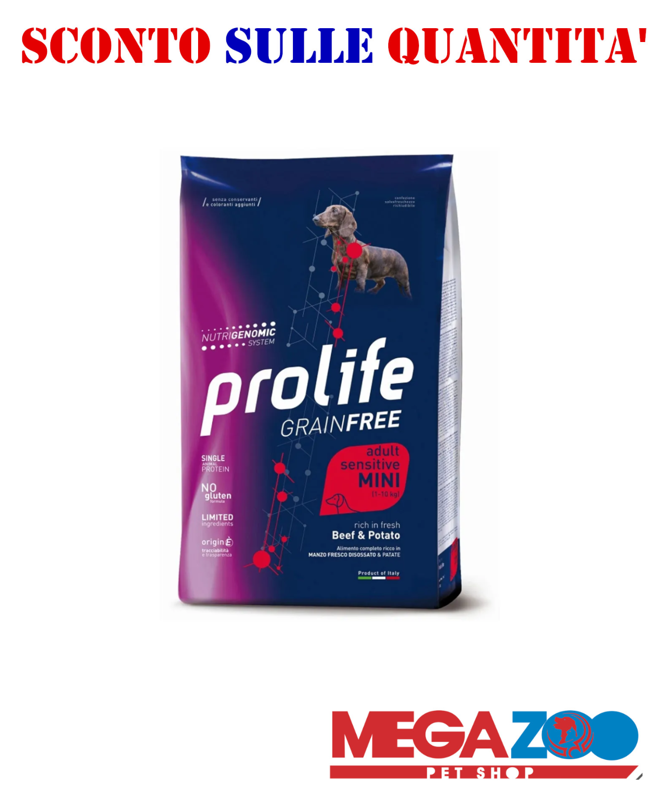 Prolife Grain Free Adult Sensitive Manzo  Patate Mini Crocchette Cani Adulti 2kg