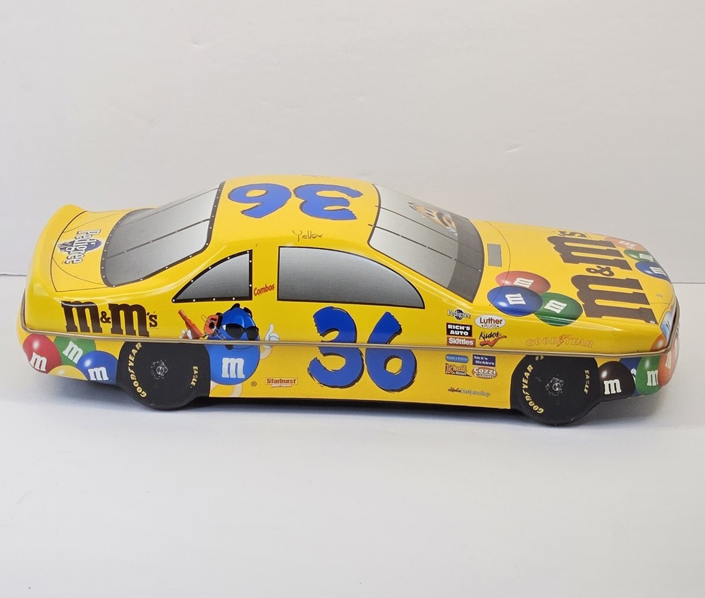 M&M's Racing Team NASCAR #36 Race Car Tin Collectible Yellow Candy Tin Pedigree