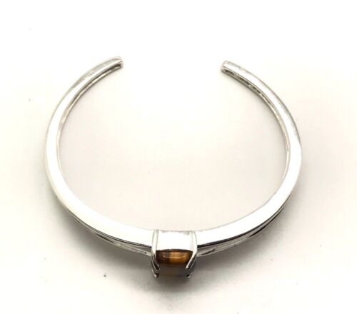 Sterling Silver Rectangle Cabochon Tiger's Eye Curved Edge Cuff Bangle Bracelet - Picture 3 of 3