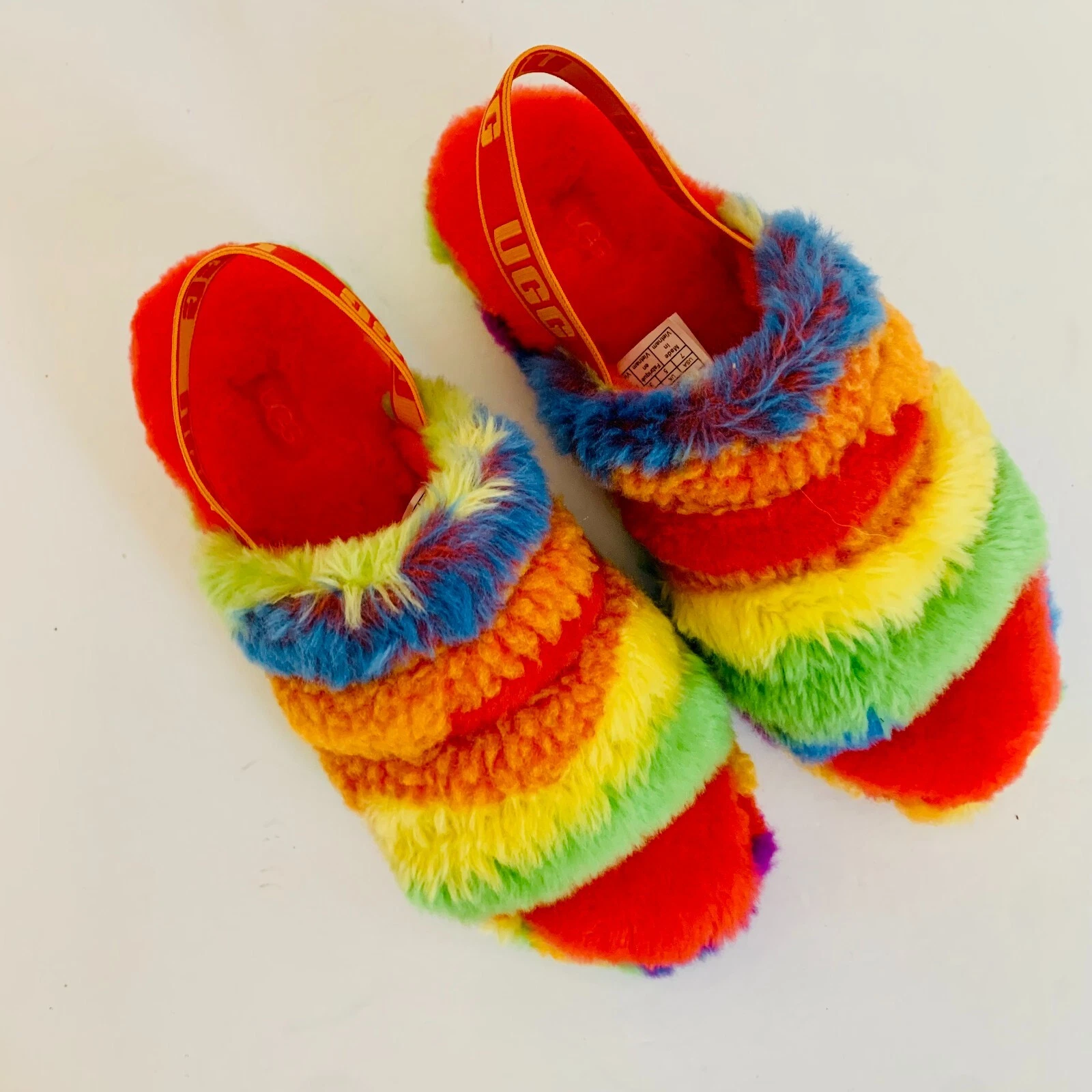 PIATTAFORMA ARCOBALENO UGG FLUFF YEAH SLIDES NUOVA SENZA ETICHETTE TAGLIA 7