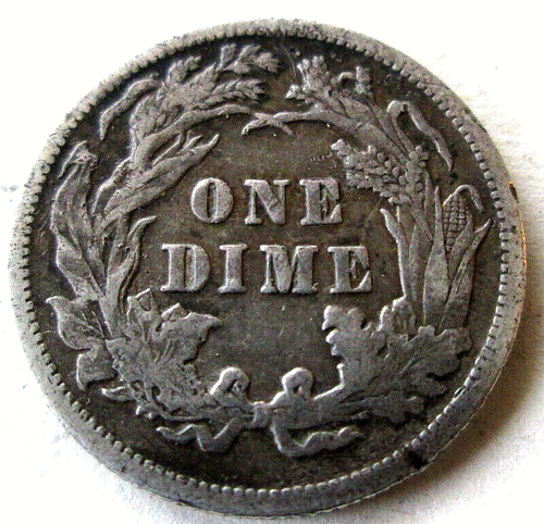 1889-P SITZENDE LIBERTY DIME, RÜCKWÄRTSSTANZ-KOLLISIONSFEHLER, F ++, ZIRKULIERT - Bild 5 von 6
