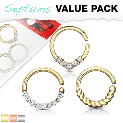 3 Anelli Flessibili In Acciaio Chirurgico Per Piercing, Con Zirconi, 8mm, Calibro 16G