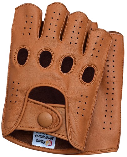 Riparo Mens Leather Reverse Stitched Fingerless Half-Finger Gloves - Cognac - Afbeelding 1 van 2