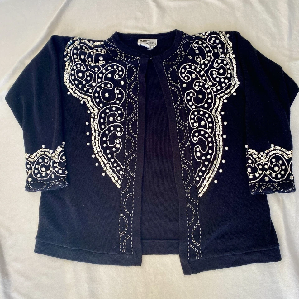 Cárdigan suéter vintage años 80 negro con cuentas para mujer pequeño años 90 Joyce Foto 2 de 4