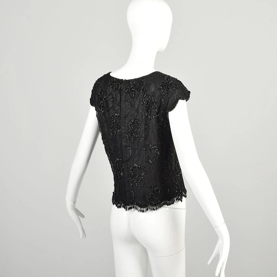 Small 1960s Black Lace Top Beaded Fringe Scoop Neck Scalloped Hem Silk Top - Image 4 of 4